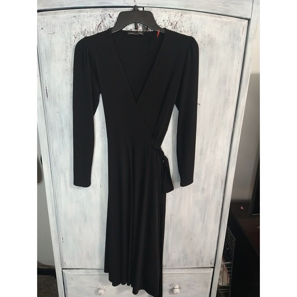 zara Boho Puff Sleeve V-neck Wrap Size Small Black Dress Midi
